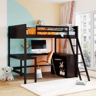 Kumix Loft Bed Full Size with Desk, Wood Loft Bed with Shelves Full Length Guardrail and Build-in Ladder for Kids Teens Adults, Heavy Duty Loft Bed for Bedroom, Noise-Free, Easy Assembly, Espresso