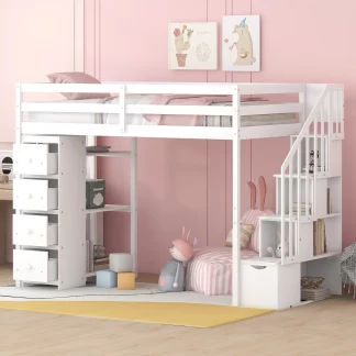 Kumix Loft Bed Twin Size, Wood Loft Bed with Storage Drawers and Stairs, Shelves for Kids Teens Adults, Loft Bed Frame with Full Length Guardrail for Bedroom, Noise-Free, Easy Assembly, White