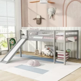 Kumix Loft Bed Twin Size with Slide, Wood Loft Bed with Full Length Guardrail and Ladder for Kids Teens, Boys/Girls, Twin Wood Loft Bed for Bedroom, Dorm, Noise-Free, No Box Spring Needed, Gray