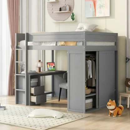 Kumix Loft Bed Full Size, Wood Loft Bed with Wardrobes and 2-Drawer Desk with Cabinet for Kids Teens Adults, Space-Saving Loft Bed Frame with Full Length Guardrail and Ladder for Bedroom, Gray