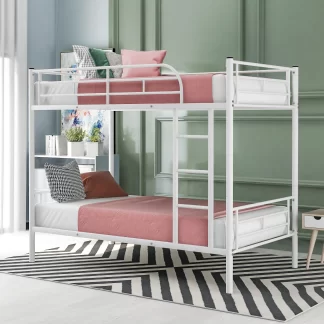 Kumix Bunk Bed Twin over Twin, Metal Bunk Bed with Ladder and Full-Length Guardrail for Kids Teens Adults, 2 in 1 Bunk Bed, Can Convertible into 2 Beds, Noise-Free, Space-Saving, White