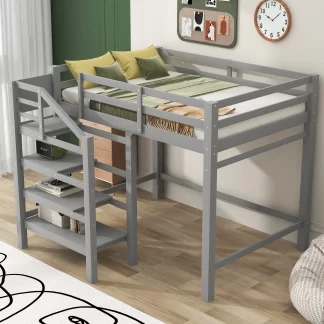 Kumix Loft Bed Full Size, Wood Loft Bed with Built-in Storage Staircase and Full Length Guardrail for Kids Teens Adults, Heavy Duty Loft Bed for Bedroom, Spacious Under Bed Space, Noise-Free, Gray