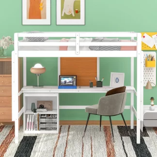 Kumix Loft Bed Twin Size with Desk, Wood Loft Bed with Writing Board, Full Length Guardrail, 2 Ladders and 2 Drawers Cabinet for Kids Teens Adults, Heavy Duty Loft Bed Frame for Bedroom, White