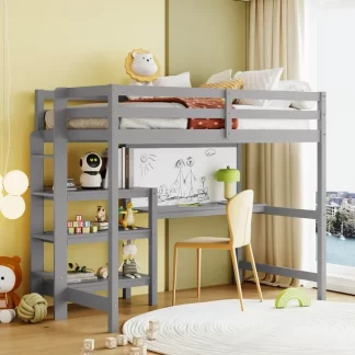 Kumix Loft Bed Twin Size with Desk, Wood Loft Bed with Writing Board, Shelves Full Length Guardrail, Ladder for Kids Teens Adults, Heavy Duty Loft Bed Frame for Bedroom, Noise-Free, Gray