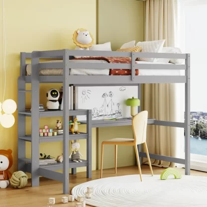 Kumix Loft Bed Twin Size with Desk, Wood Loft Bed with Writing Board, Shelves Full Length Guardrail, Ladder for Kids Teens Adults, Heavy Duty Loft Bed Frame for Bedroom, Noise-Free, Gray