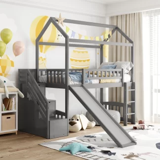 Kumix Loft Bed with Slide, Twin Size House Bed with Storage Staircase, Full Length Guardrail for Kids Teens Adults, Wood Loft Bed Frame for Bedroom, Dorm, Spacious Under Bed Space, Noise-Free, Gray