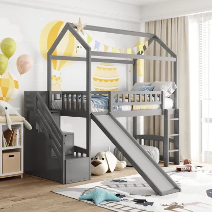 Kumix Loft Bed with Slide, Twin Size House Bed with Storage Staircase, Full Length Guardrail for Kids Teens Adults, Wood Loft Bed Frame for Bedroom, Dorm, Spacious Under Bed Space, Noise-Free, Gray