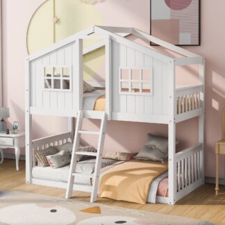 Kumix Twin over Twin Bunk Bed, Wood House Bed with Windows, Full Length Guardrail, Tent for Kids Teens Boys/Girls, Heavy Duty Bunk Bed Frame for Kids' Bedroom, No Box Spring Needed, White