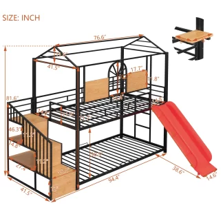 Kumix House Bunk Bed with Slide for Kids, Twin over Twin Metal Bunk Bed with Storage Stair, Full Length Guardrail and Ladder for Boys/Girls, Low Bed for Toddler, No Box Spring Needed, Black