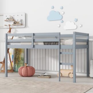 Kumix Loft Bed Twin Size, Wood Loft Bed with Full Length Guardrail and Build-in Ladder for Kids Teens Adults, Heavy Duty Loft Bed for Bedroom, Dorm, Spacious Under Bed Space, Noise-Free, Gray