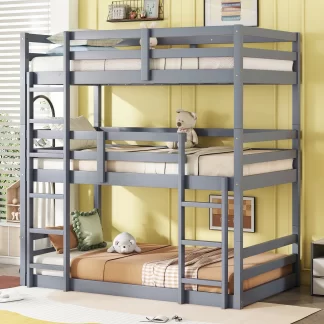 Kumix Wood Triple Bunk Bed, Twin over Twin over Twin Bunk Bed with Two Built-in Ladders, Guardrails for Kids Teens Adults, Detachable Triple Twin Bunk Bed, 3 in 1 Bunk Bed, Noise-Free, Gray