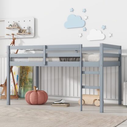 Kumix Loft Bed Twin Size, Wood Loft Bed with Full Length Guardrail and Build-in Ladder for Kids Teens Adults, Heavy Duty Loft Bed for Bedroom, Dorm, Spacious Under Bed Space, Noise-Free, Gray