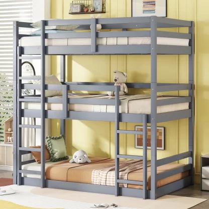 Kumix Wood Triple Bunk Bed, Twin over Twin over Twin Bunk Bed with Two Built-in Ladders, Guardrails for Kids Teens Adults, Detachable Triple Twin Bunk Bed, 3 in 1 Bunk Bed, Noise-Free, Gray