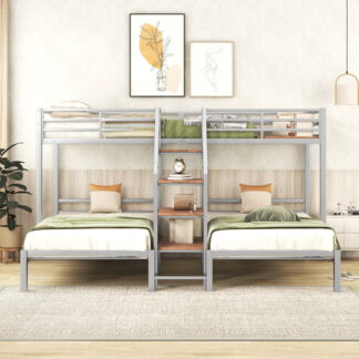 Kumix Triple Bunk Bed, Metal Twin over Twin and Twin Bunk Bed with Storage Stairs, Full-Length Guardrail, 3 Beds in 1 Bunk Beds for Kids Teens, Noise Free, No Box Spring Needed, Gray