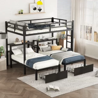 Kumix Triple Bunk Bed, Full XL over Twin and Twin Bunk Bed with Drawers and Shelves for Kids, Teens, Multi-Functional Metal Frame Bed with Safety Guardrail for Bedroom, Space Saving, Black