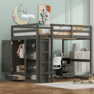 Kumix Loft Bed Full Size with Desk, Wood Loft Bed with Built-in Wardrobe, Safety Guardrail, Ladder, Storage Shelves and Drawers for Kids Teens Adults, Space-Saving Loft Bed Frame for Bedroom, Gray