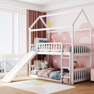 Kumix House Bunk Bed with Slide, Twin over Twin Bunk Bed with Full Length Guardrail and Ladder for Kids Teens Adults, Wood Bunk Bed Frame for Bedroom, 2 in 1 Bunk Bed, Low Bed for Toddler, White