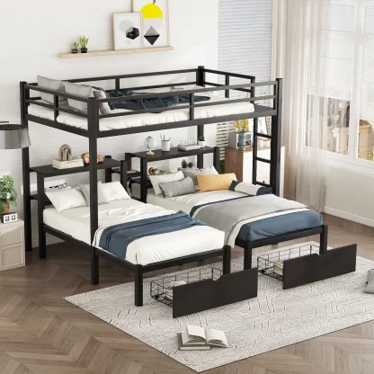 Kumix Triple Bunk Bed, Full XL over Twin and Twin Bunk Bed with Drawers and Shelves for Kids, Teens, Multi-Functional Metal Frame Bed with Safety Guardrail for Bedroom, Space Saving, Black