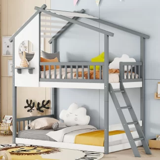 Kumix Twin over Twin Bunk Bed, Wood Bunk Bed for Kids Teens with Shelf, Full Length Guardrail, Ladder, House Bunk Bed Frame for Bedroom, Dorm, Noise-Free, No Box Spring Needed, Gray