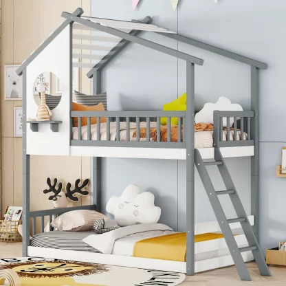 Kumix Twin over Twin Bunk Bed, Wood Bunk Bed for Kids Teens with Shelf, Full Length Guardrail, Ladder, House Bunk Bed Frame for Bedroom, Dorm, Noise-Free, No Box Spring Needed, Gray