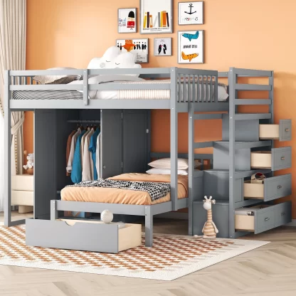 Kumix Full over Twin Bunk Bed, Wood Bunk Bed with Wardrobe, Drawers and Full Length Guardrail and Staircase for Kids Teens Adults, Heavy Duty Bunk Bed Frame for Bedroom, Dorm, Space-Saving, Grey