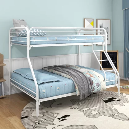 Kumix Twin over Full Bunk Bed, Metal Bunk Bed with Full Length Guardrail and Ladder for Kids Teens Adults, Heavy Duty Bunk Bed for Bedroom, Dorm, 2 Bunk Beds in 1, Noise-Free, Easy Assembly, White