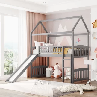 Kumix Twin Loft Bed with Slide, House Bed for Kids Teens Boys/Girls with Full Length Guardrail and Build-in Ladder, Wood Loft Bed Frame for Bedroom, Space-Saving, No Box Spring Needed, Gray