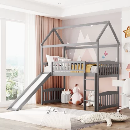 Kumix Twin Loft Bed with Slide, House Bed for Kids Teens Boys/Girls with Full Length Guardrail and Build-in Ladder, Wood Loft Bed Frame for Bedroom, Space-Saving, No Box Spring Needed, Gray