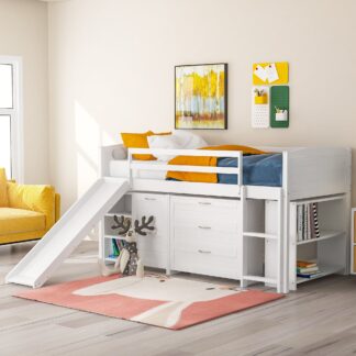 Kumix Loft Bed Twin Size with Slide for Kids, Low Loft Bed with Cabinets, Drawers, Shelves for Teens Adults, Wood Loft Bed with Safety Guardrail and Ladder for Bedroom, Sapce-Saving, White