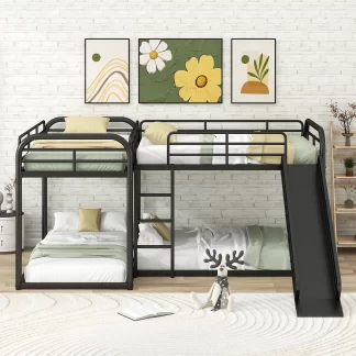 Kumix Bunk Bed with Slide, L-Shaped Full and Twin Size Quad Bunk Bed for 4 Kids Teens Boys/Girls, Metal Quad Bunk Bed Full-Length Guardrail and Ladder for Bedroom, 4 Bed in 1, Noise Free, Black