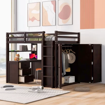 Kumix Loft Bed Full Size with Desk, Wood Loft Bed with Drawers, Shelves, Full Length Guardrail, Ladder and Wardrobe for Kids Teens Adults, Space-Saving, No Box Spring Needed, Noise-Free, Espresso