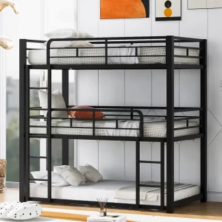 Kumix Triple Bunk Bed, Twin over Twin and Twin Bunk Bed with Full Length Guardrail and Build-in Ladder for Kids Teens Adults, Metal Bunk Bed for Bedroom, Low Bunk Bed for 3, Noise-Free, Black