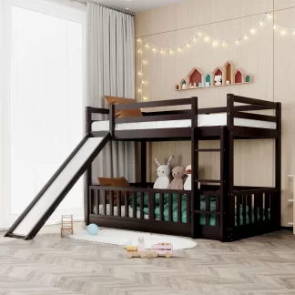 Kumix Twin over Twin Bunk Bed with Slide, Wood Bunk Bed for Kids Teens with Full Length Guardrail, House Bunk Bed Frame for Bedroom, Dom, Noise-Free, No Box Spring Needed, Espresso