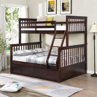 Kumix Bunk Bed with Drawers, Twin over Full Bunk Bed for Kids Teens with Full Length Guardrail and Ladder, Wood Bunk Bed Frame Able to Split, Noise-Free, No Box Spring Needed, Espresso