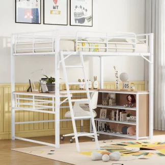 Kumix Loft Bed Full Size, Metal Loft Bed with Desk and Shelves for Kids, Teens, Adults, Heavy Duty Loft Bed with Safety Guardrail and Ladder for Bedroom, Dom, Space Saving, Noise-Free, White