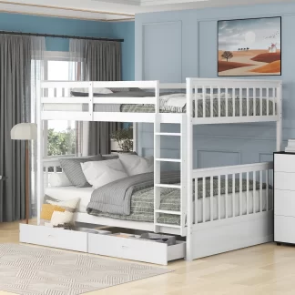 Kumix Bunk Bed with Drawers, Full over Full Bunk Bed with Full Length Guardrail and Build-in Ladder for Kids Teens Adults, Wood Bunk Bed Able to Split, 2 in 1 Bunk Beds, Noise-Free, White