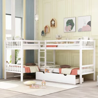 Kumix Quad Bunk Bed Twin over Twin, L-Shaped Bunk Bed for 4 with Build-in Ladder, Corner 4 Bunk Bed for Kids Teens Adults, 4 in 1 Bunk Beds, Space-Saving Wood Bunk Beds, Noise-Free, White