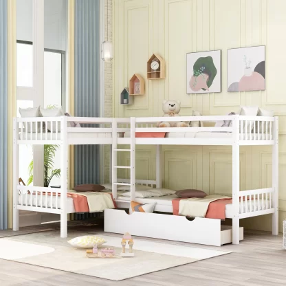Kumix Quad Bunk Bed Twin over Twin, L-Shaped Bunk Bed for 4 with Build-in Ladder, Corner 4 Bunk Bed for Kids Teens Adults, 4 in 1 Bunk Beds, Space-Saving Wood Bunk Beds, Noise-Free, White