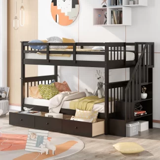 Kumix Bunk Bed with Drawers, Twin over Twin Bunk Bed with Storage Staircase Full Length Guardrail for Kids Teens Adults, Wood Bunk Bed Able to Split, Noise-Free, Espresso