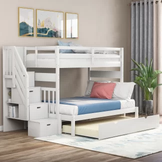 Kumix Bunk Bed with Trundle, Twin over Full Bunk Bed with Shelves, Full Length Guardrail and Storage Staircase for Kids Teens Adults, Wood Bunk Bed Able to Split, Twin Size Trundle, Noise-Free, White