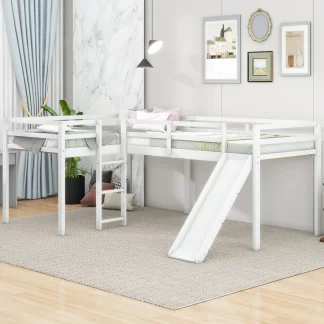 Kumix Twin Size Loft Bed with Slide, L-Shaped Loft Bed with Ladder Full Length Guardrail for Kids Teens Adults, Wood Loft Bed Frame for Bedroom, 2 in 1 Loft Bed, Spacious Under Bed Space, White