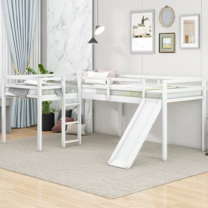 Kumix Twin Size Loft Bed with Slide, L-Shaped Loft Bed with Ladder Full Length Guardrail for Kids Teens Adults, Wood Loft Bed Frame for Bedroom, 2 in 1 Loft Bed, Spacious Under Bed Space, White