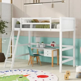 Kumix Loft Bed Twin Size, Wood Loft Bed with Full Length Guardrail and Inclined Ladder for Kids Teens Adults, Heavy Duty Loft Bed for Bedroom, Dorm, Spacious Under Bed Space, Noise-Free, White