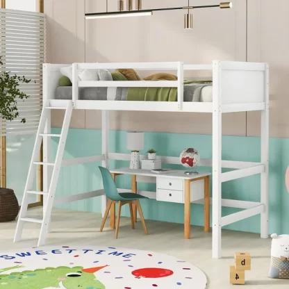 Kumix Loft Bed Twin Size, Wood Loft Bed with Full Length Guardrail and Inclined Ladder for Kids Teens Adults, Heavy Duty Loft Bed for Bedroom, Dorm, Spacious Under Bed Space, Noise-Free, White