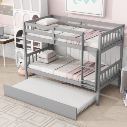 Kumix Twin over Twin Bunk Bed with Trundle, Wood Bunk Bed with Ladder and Safety Guardrails for Kids Teens Adults, Convertible into Twin Size Beds, 3 in 1 Bunk Bed, Noise-Free, Gray
