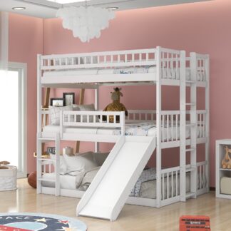 Kumix Triple Bunk Bed with Slide, Full over Full and Full Bunk Bed with Safety Guardrail and Build-in Ladders for Kids Teens Adults, 3 in 1 Triple Beds, Wood Bunk Bed Frame for 3, White