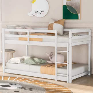 Kumix Twin over Twin Bunk Bed, Low Bunk Bed for Kids, Wood Bunk Bed Frame with Full-Length Guardrail and Build-in Ladder, Twin Bunk Bed for Bedroom, Noise Free, Easy Assembly, White