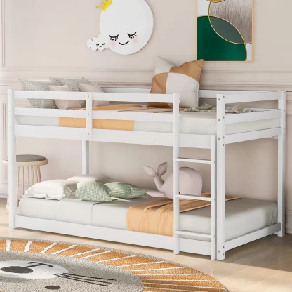 Kumix Twin over Twin Bunk Bed, Low Bunk Bed for Kids, Wood Bunk Bed Frame with Full-Length Guardrail and Build-in Ladder, Twin Bunk Bed for Bedroom, Noise Free, Easy Assembly, White