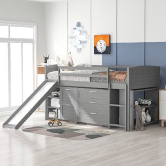 Kumix Loft Bed Twin Size with Slide for Kids, Low Loft Bed with Cabinets, Drawers, Shelves for Teens Adults, Wood Loft Bed with Safety Guardrail and Ladder for Bedroom, Space-Saving, Gray