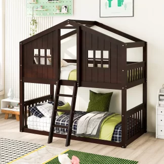 Kumix Twin over Twin Bunk Bed, Wood House Bed with Windows, Full Length Guardrail, Tent for Kids Teens Boys/Girls, Heavy Duty Bunk Bed Frame for Kids' Bedroom, No Box Spring Needed, Espresso